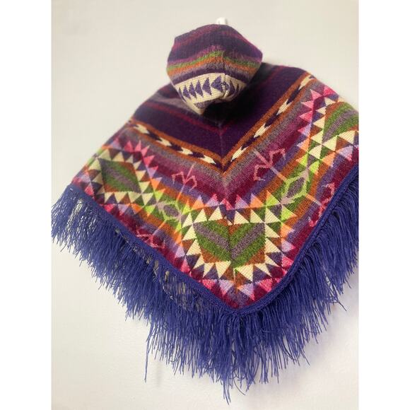 Handmade Toddler Alpaca Wool Poncho with Fringe Hooded Colorful Boho Toddler - Picture 11 of 11